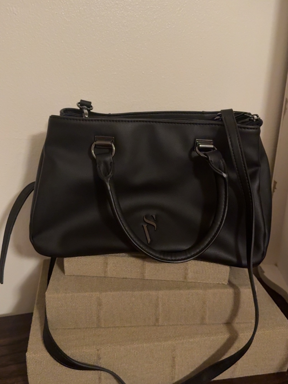 Simply Vera Vera Wang Black Satchel with Top Handles and Crossbody Strap